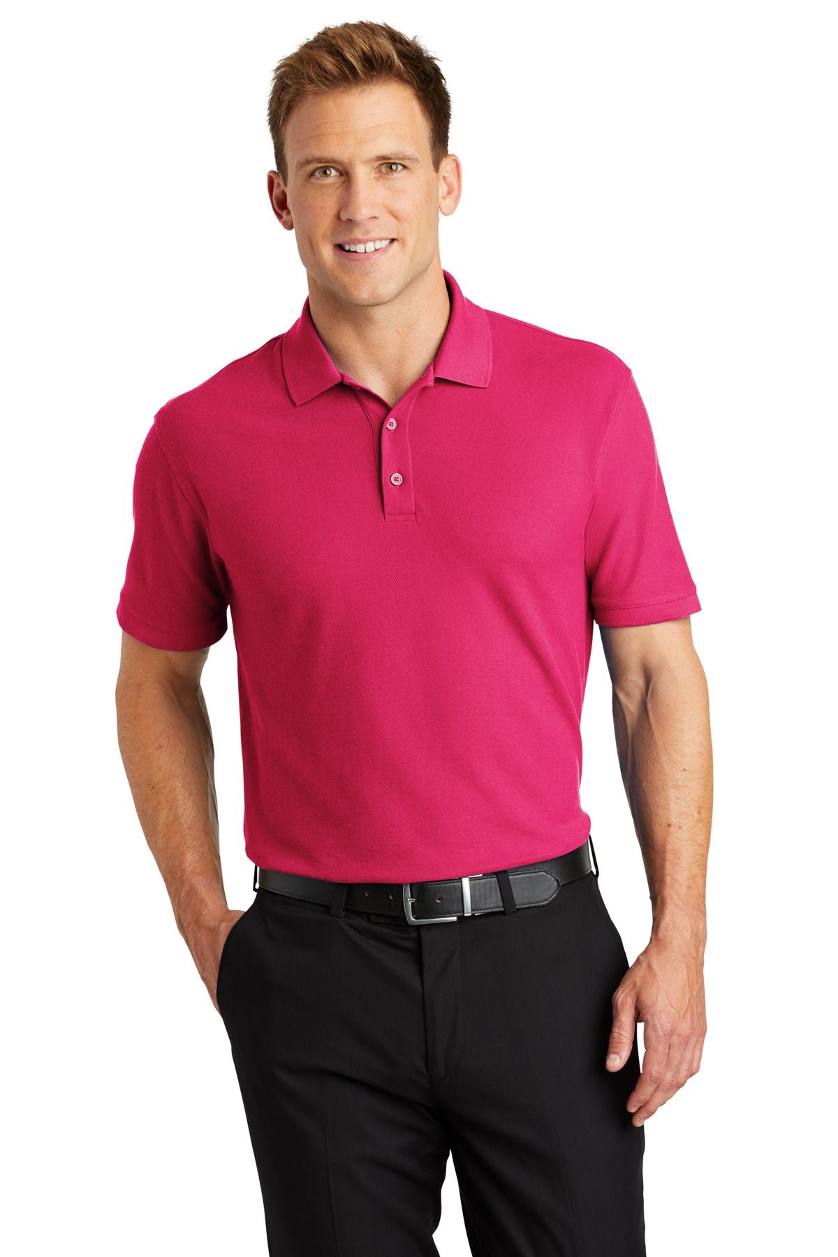 Pink pique polo shirt with button placket and short sleeves