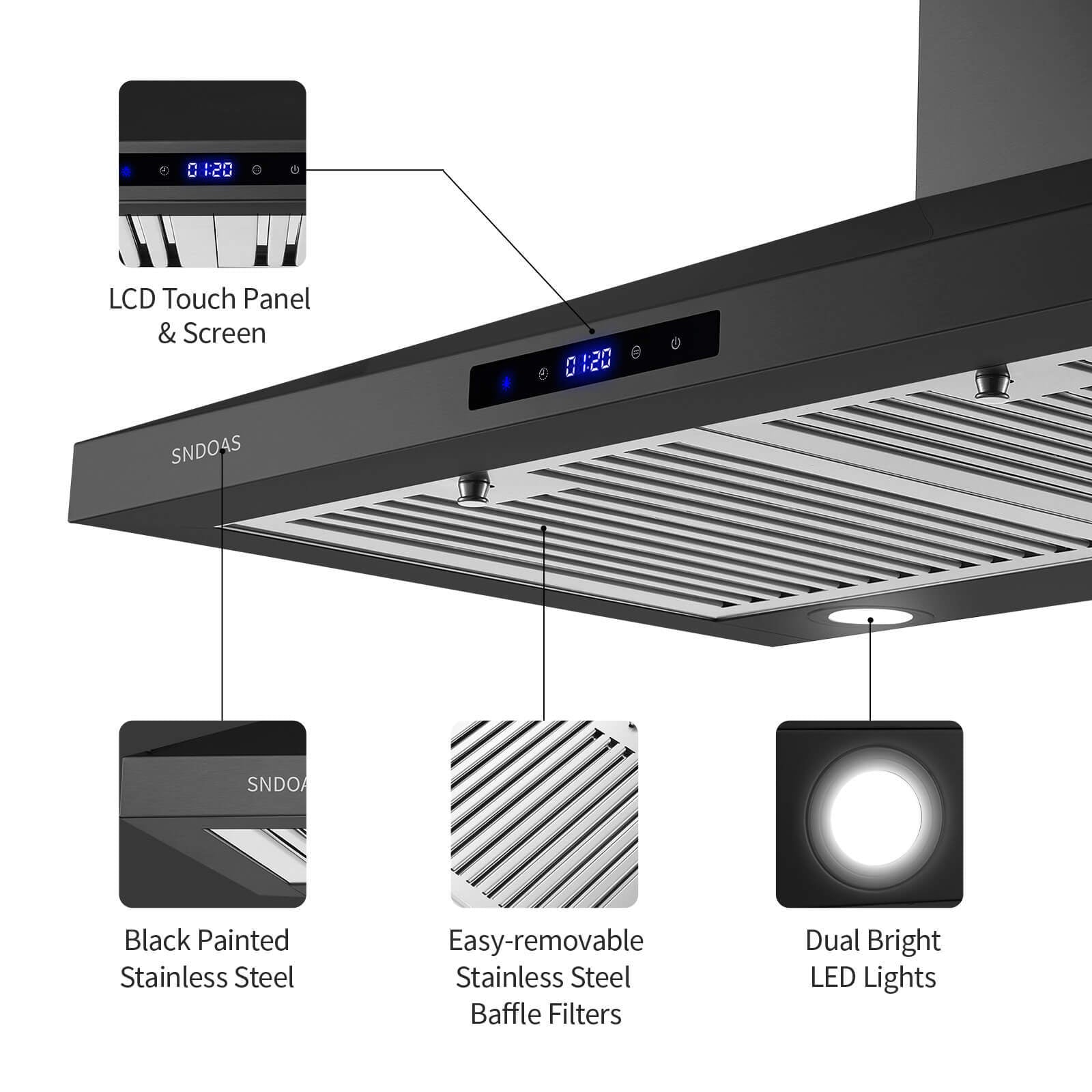 Wall mount kitchen hood with LCD touch panel, LED lights, and baffle filters