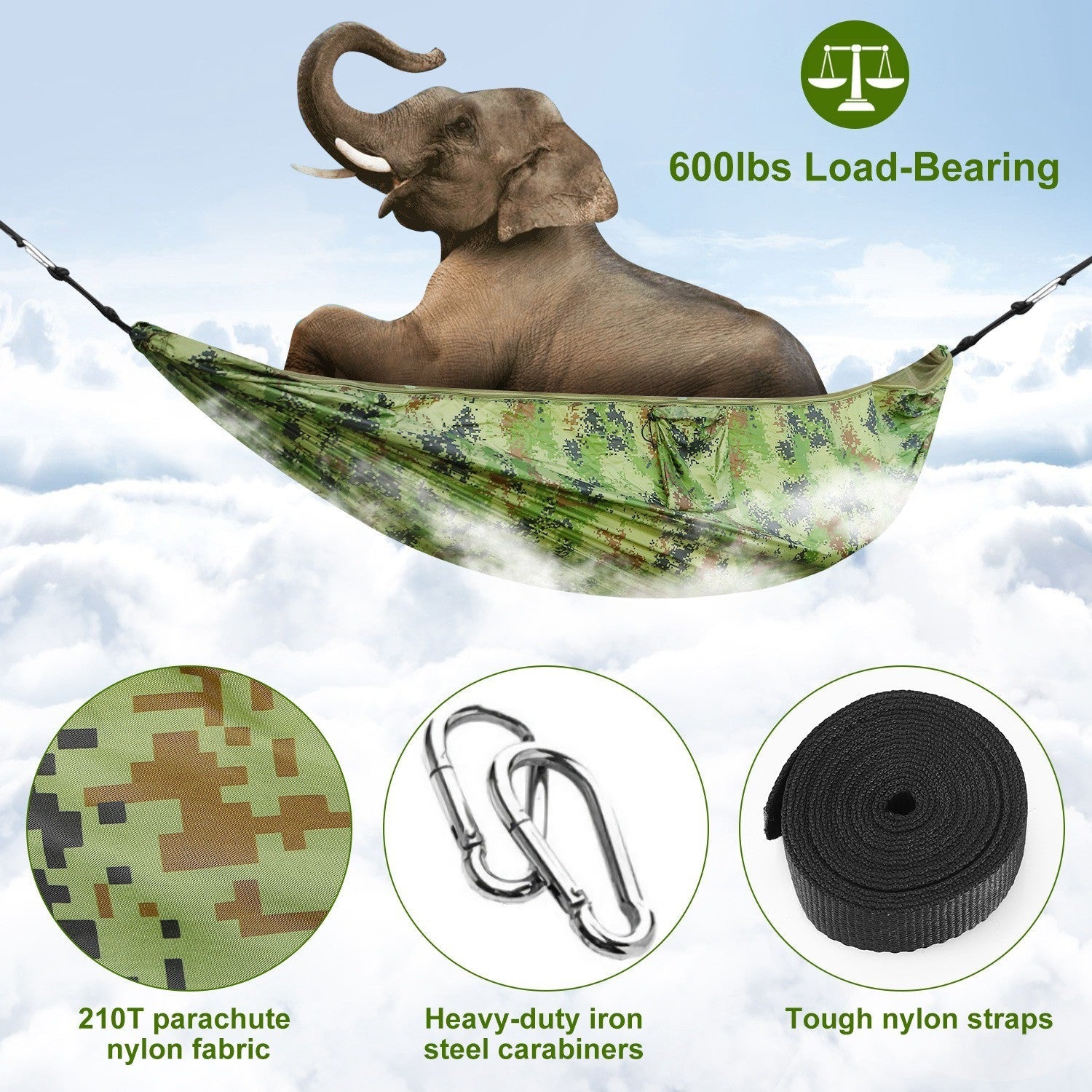 Green camouflage hammock with mosquito net and heavy-duty hanging straps