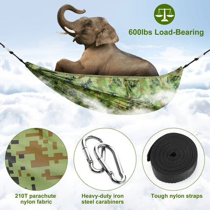 Green camouflage hammock with mosquito net and heavy-duty hanging straps