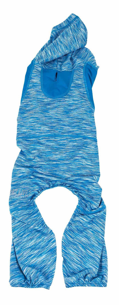 Blue heathered dog full-body hoodie with hood and leg cutout opening