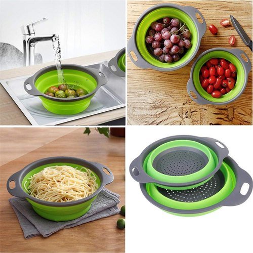 Collapsible silicone colander set of 2, green folding filter baskets with perforated bottoms