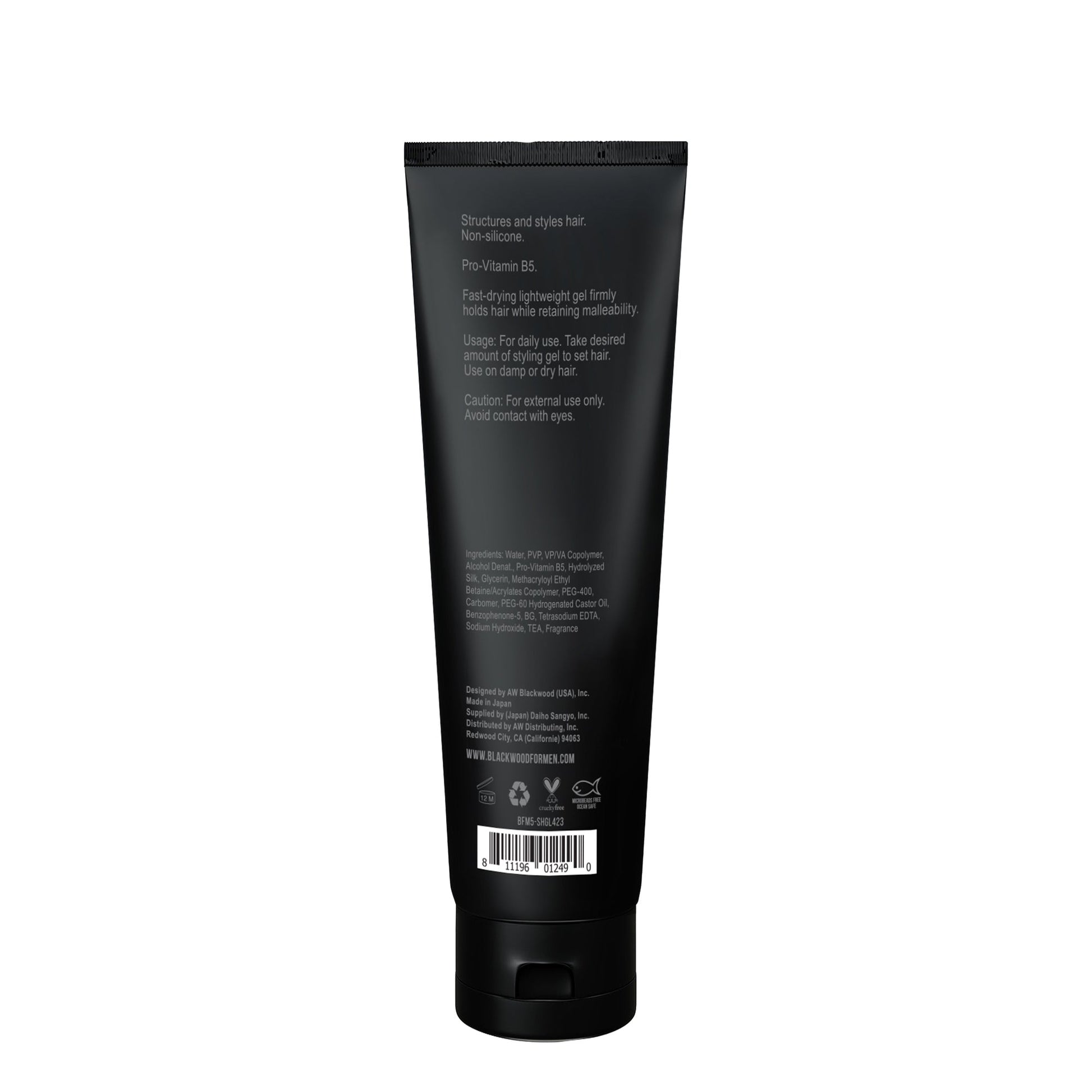 Blackwood hair sculpting gel tube, back label with ingredients and barcode, 4.23 oz