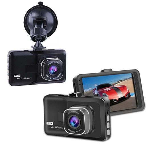 Black car dash cam and detachable rear camera views with wide-angle lenses