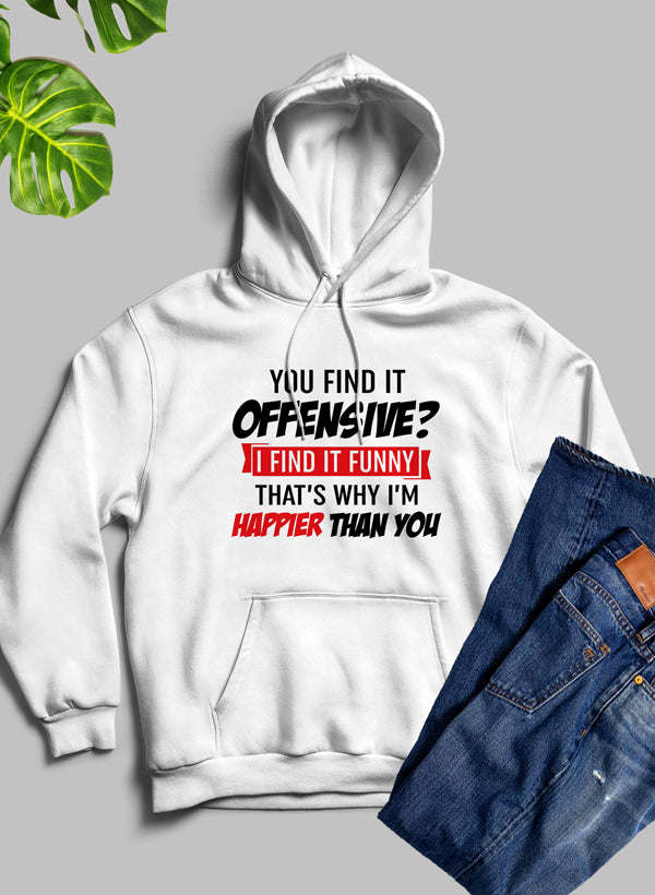 White hoodie with front pocket and bold “Offensive?” graphic print on chest