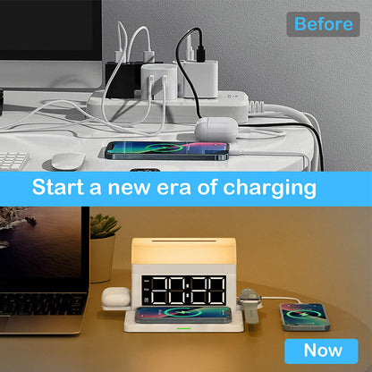White wireless charging station with digital alarm display and multiple charging pads
