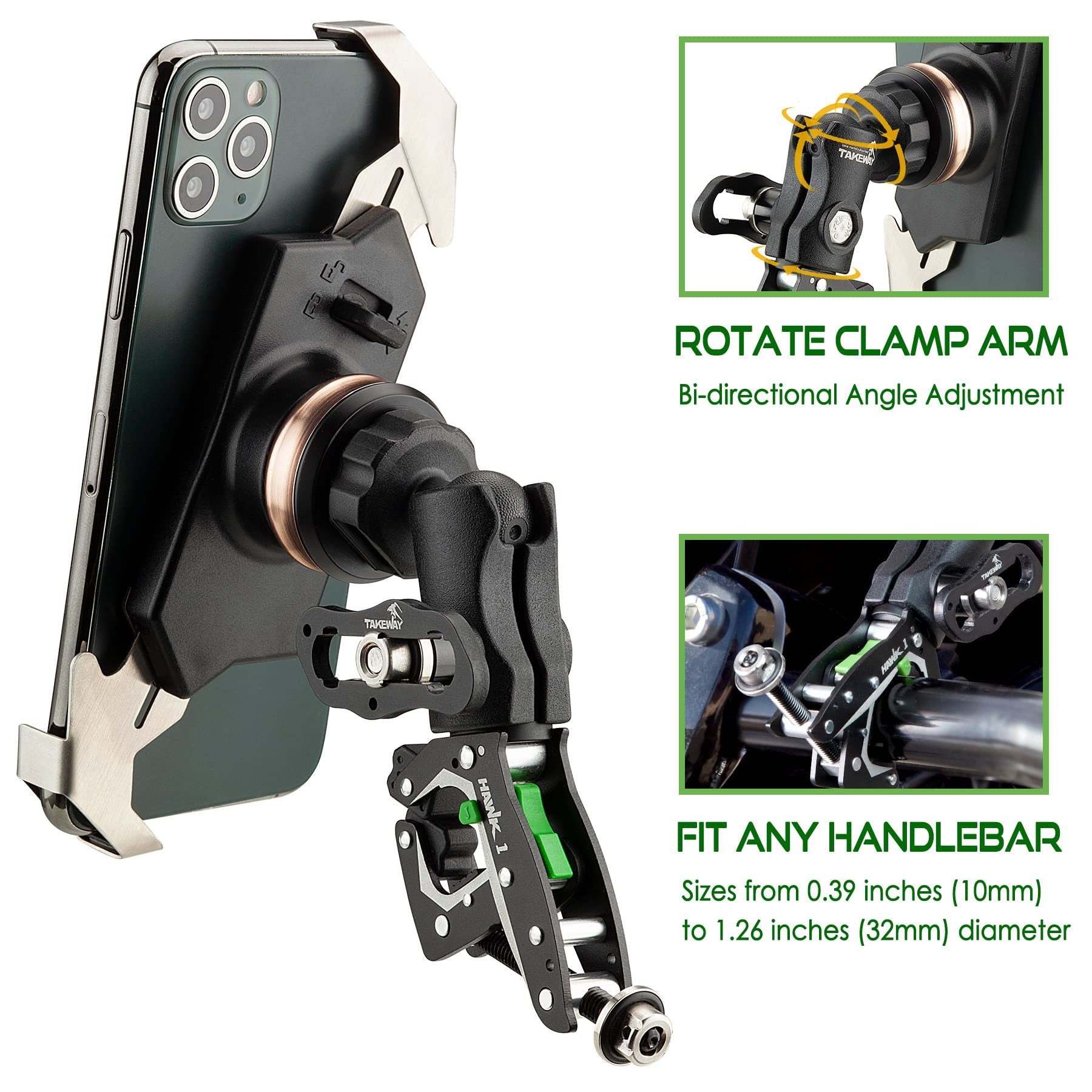 Phone mount with handlebar clamp and rotatable arm, black holder with cradle