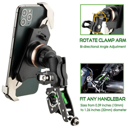Phone mount with handlebar clamp and rotatable arm, black holder with cradle