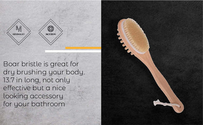 Bath boar bristle brush with wooden handle and oval bristle surface
