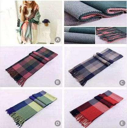 Reversible shawl color swatches: wine, lime, navy, burgundy, blush peach with fringe