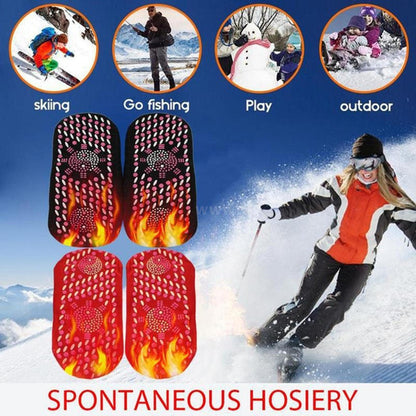 Red self-heating socks for women with pink dotted grip and flame effect soles