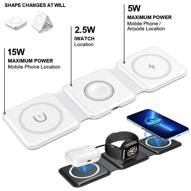 White foldable 3-in-1 wireless charger with phone and earbuds resting on charging pads