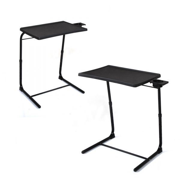 Black folding TV tray table with two positions of the tilting tabletop and legs