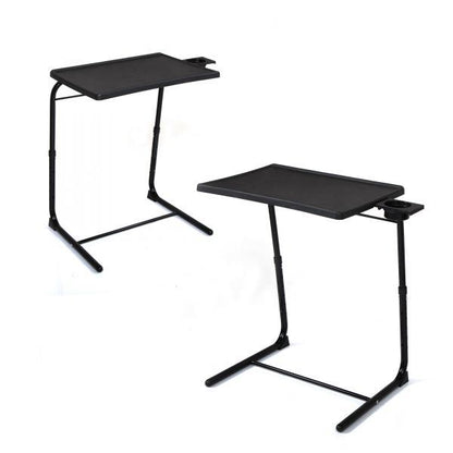 Black folding TV tray table with two positions of the tilting tabletop and legs