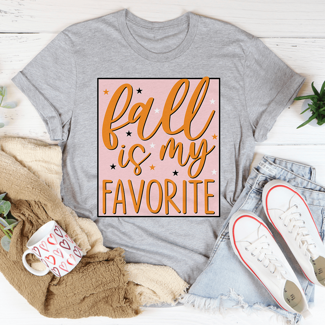 Heather grey T-shirt with 'Fall is my Favorite' autumn lettering graphic.