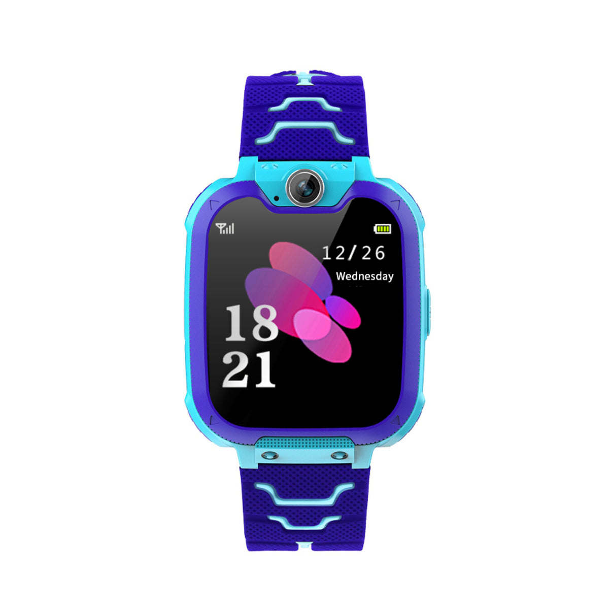 Kids smart watch with blue face, purple silicone strap, flower date screen
