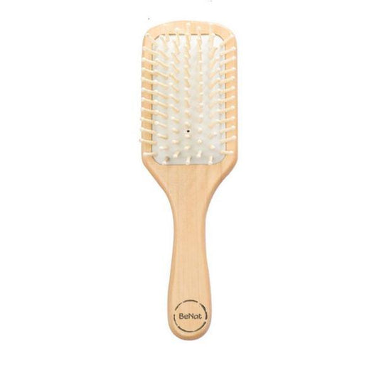 Natural wooden detangling hair brush with white cushioned bristle pad
