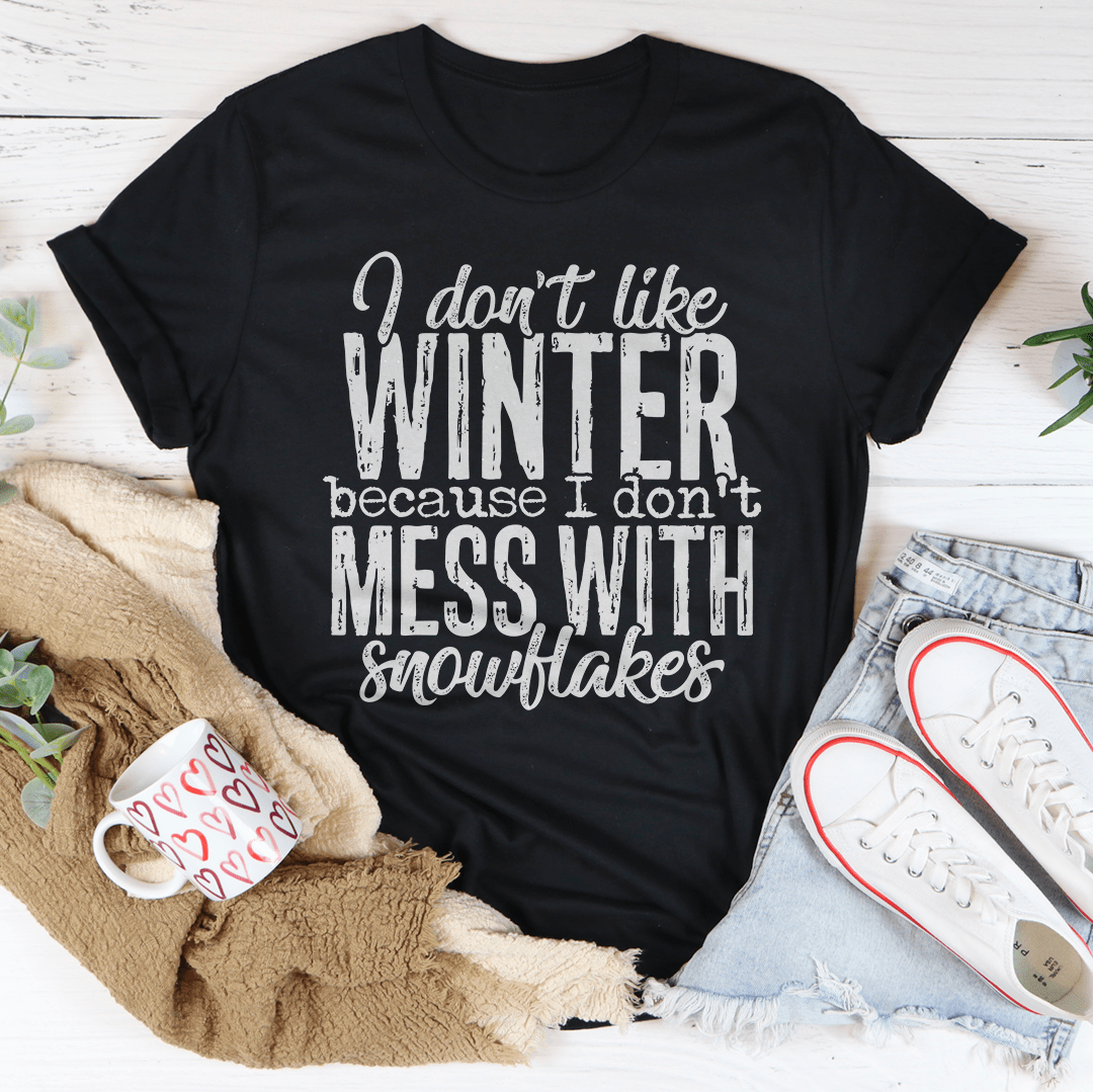 Black crewneck T-shirt with bold winter graphic text on the front, short sleeves.