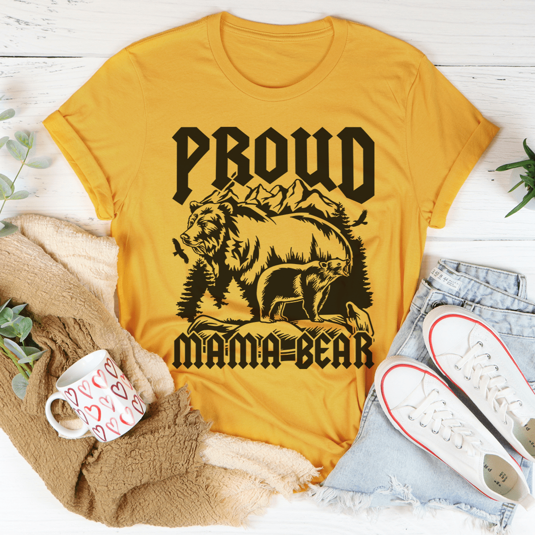 Mustard Proud Mama Bear T-shirt with roaring bear print and PROUD MAMA BEAR text