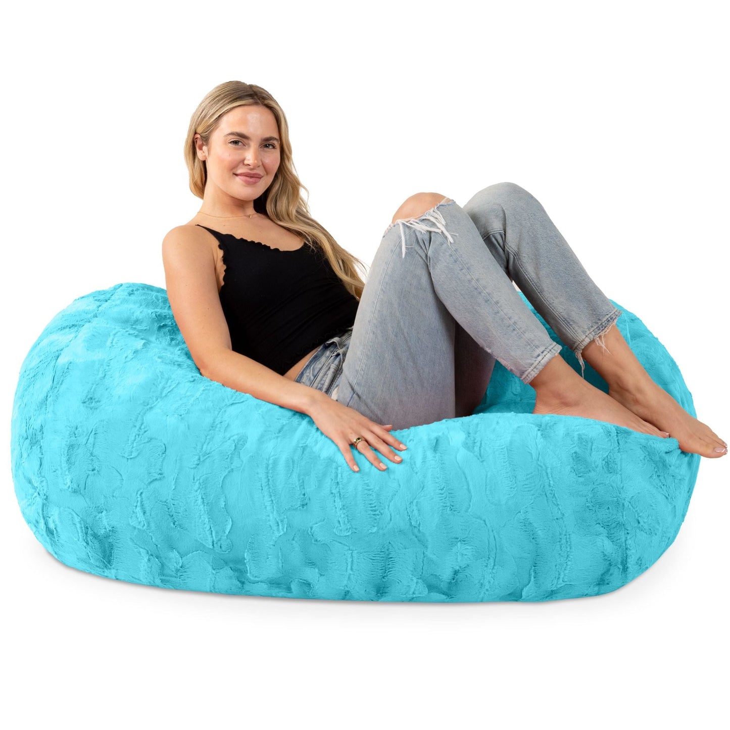 Maui turquoise faux fur bean bag couch with plush rounded seat