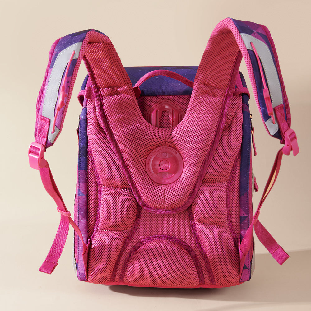 Children's pink backpack with mesh back panel, molded shoulder support and front buckle