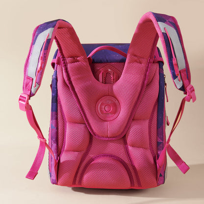 Children's pink backpack with mesh back panel, molded shoulder support and front buckle