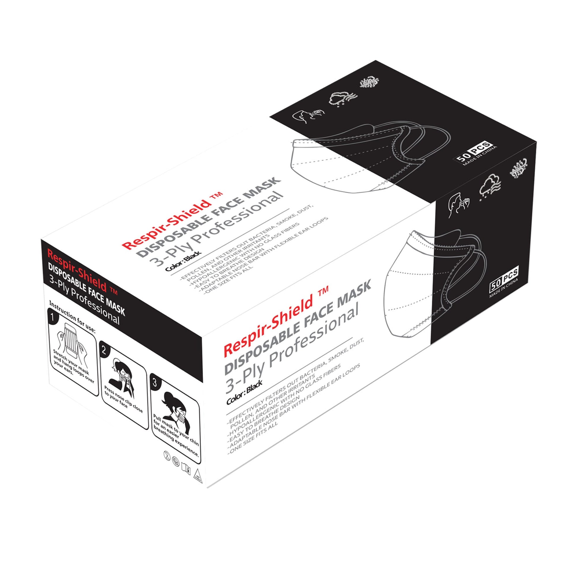 Black disposable 3-ply face mask box with illustrated elastic ear loop masks