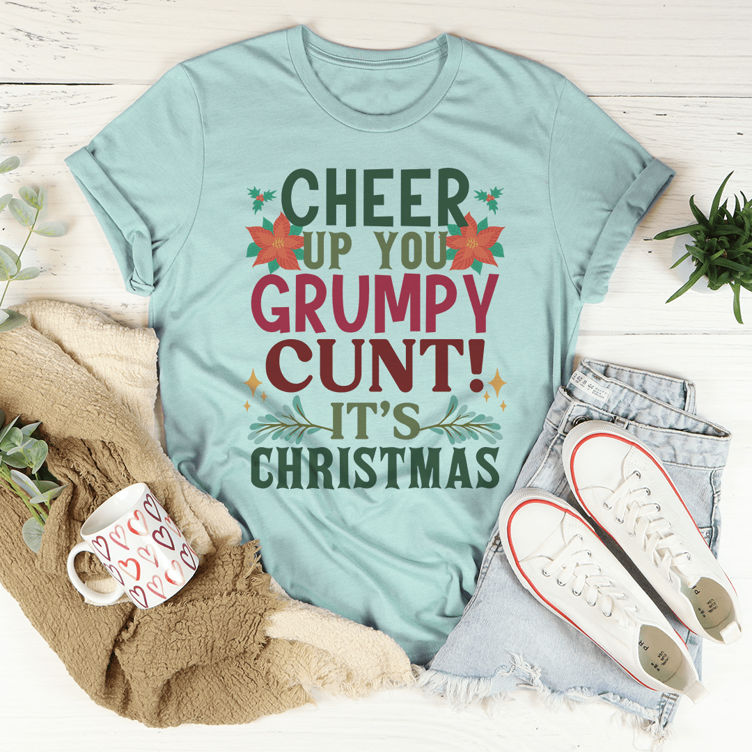 Christmas T-shirt with holiday lettering graphic, teal, crew neck