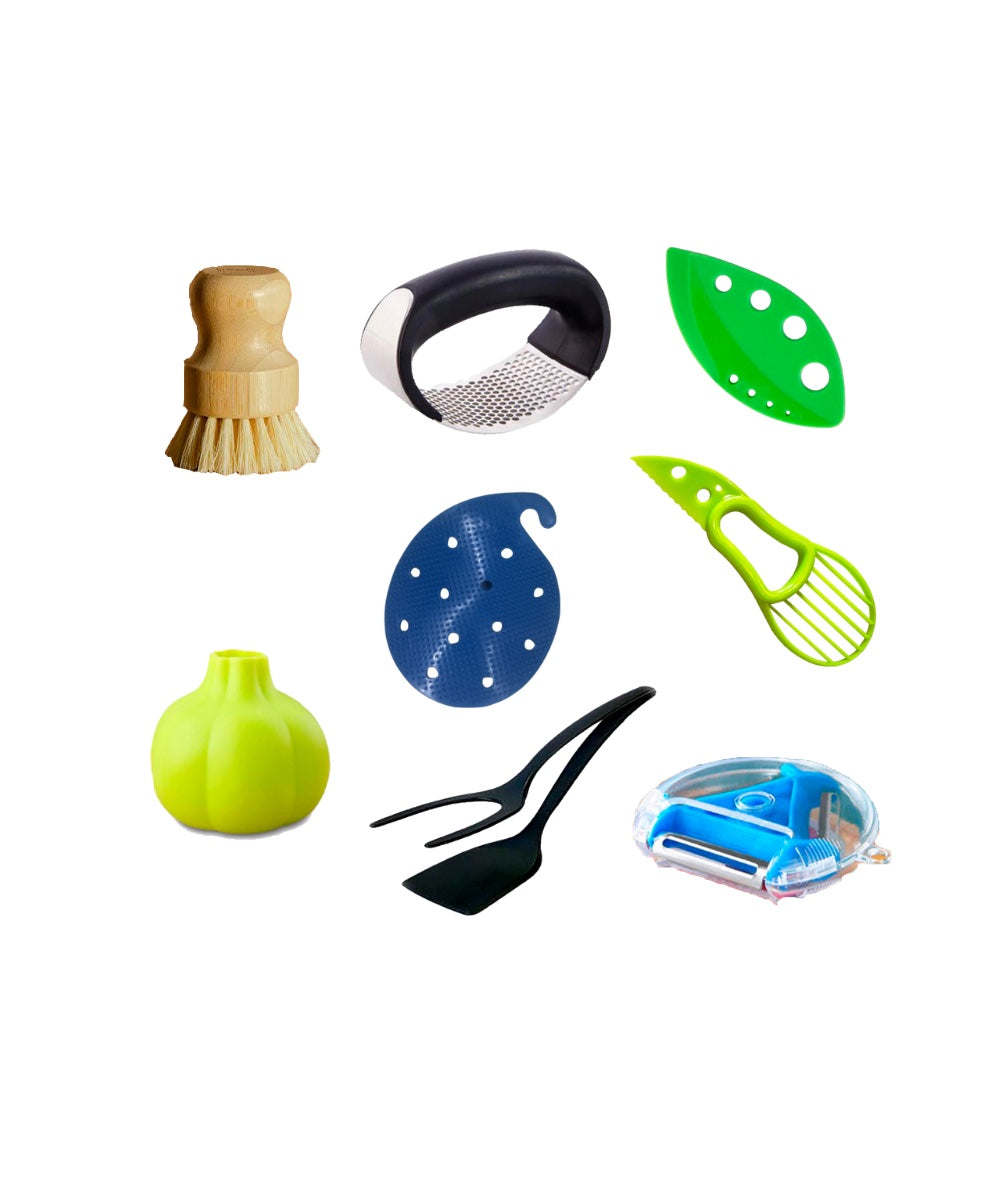 Kitchen accessory set pieces including brush, scrub pads, slicer, grater, and tools.