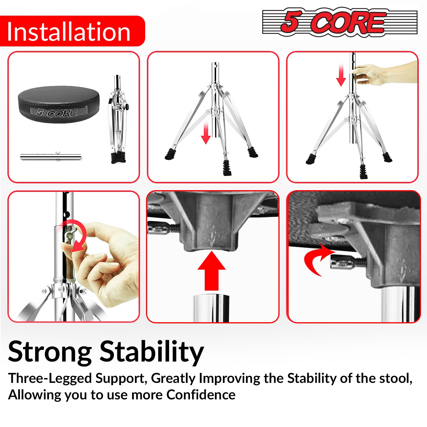 Black padded round drum stool seat with chrome tripod legs, installation steps shown.