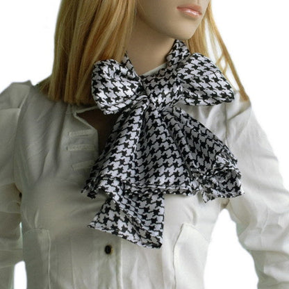 Silk scarf in black and white houndstooth plover pattern, ruffled wrap at neck