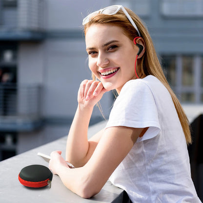 Red and black wireless in-ear headset with over-ear hook and red connecting cable