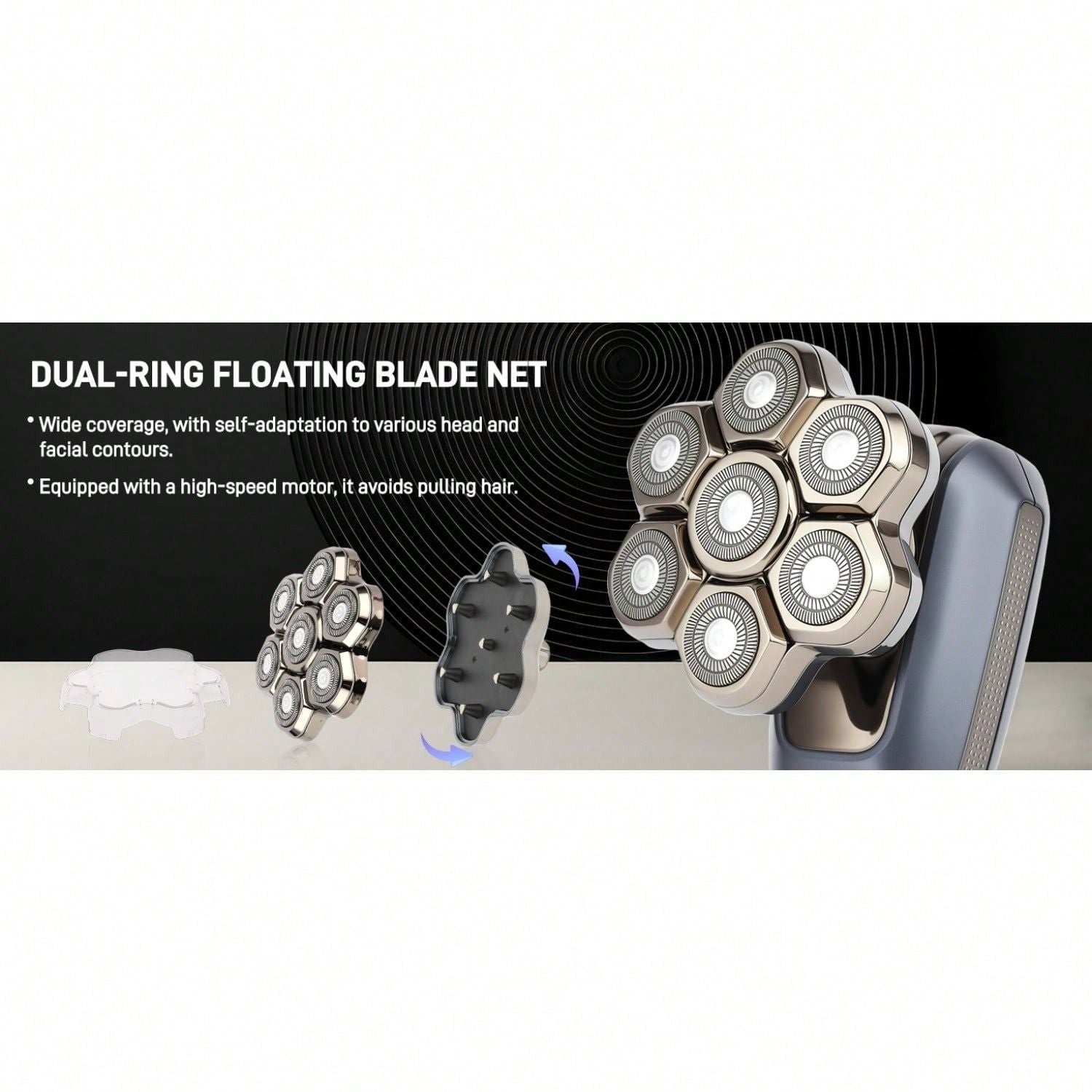 Rotary electric head shaver with multi-foil shaving head and included grooming attachments