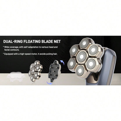 Rotary electric head shaver with multi-foil shaving head and included grooming attachments