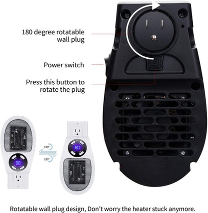 Wall-mounted heat blaster with rotatable plug and power switch, white and black