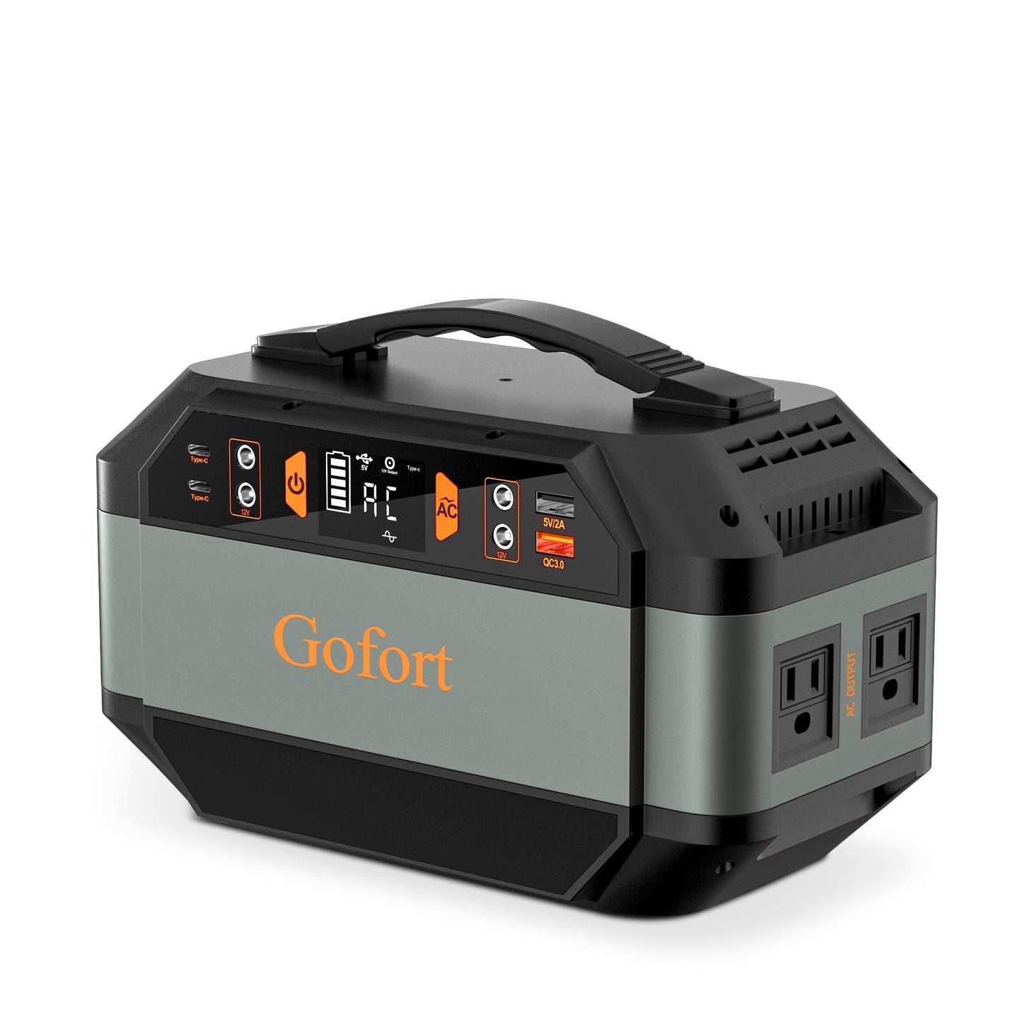 Gofort portable power station with LCD panel and AC/DC/USB ports, black and gray