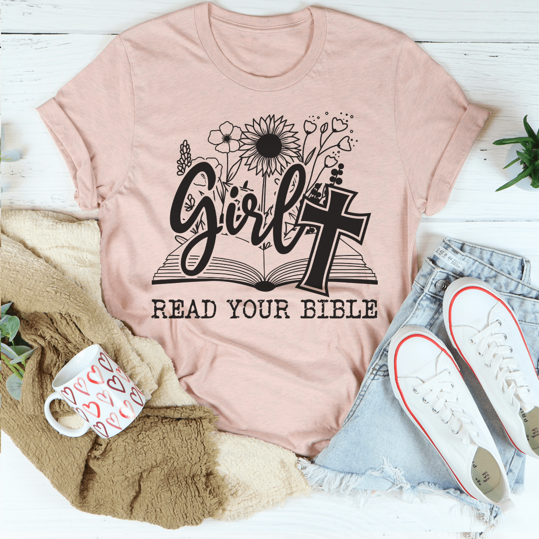 Girls mauve graphic t-shirt with floral cross and “READ YOUR BIBLE” text