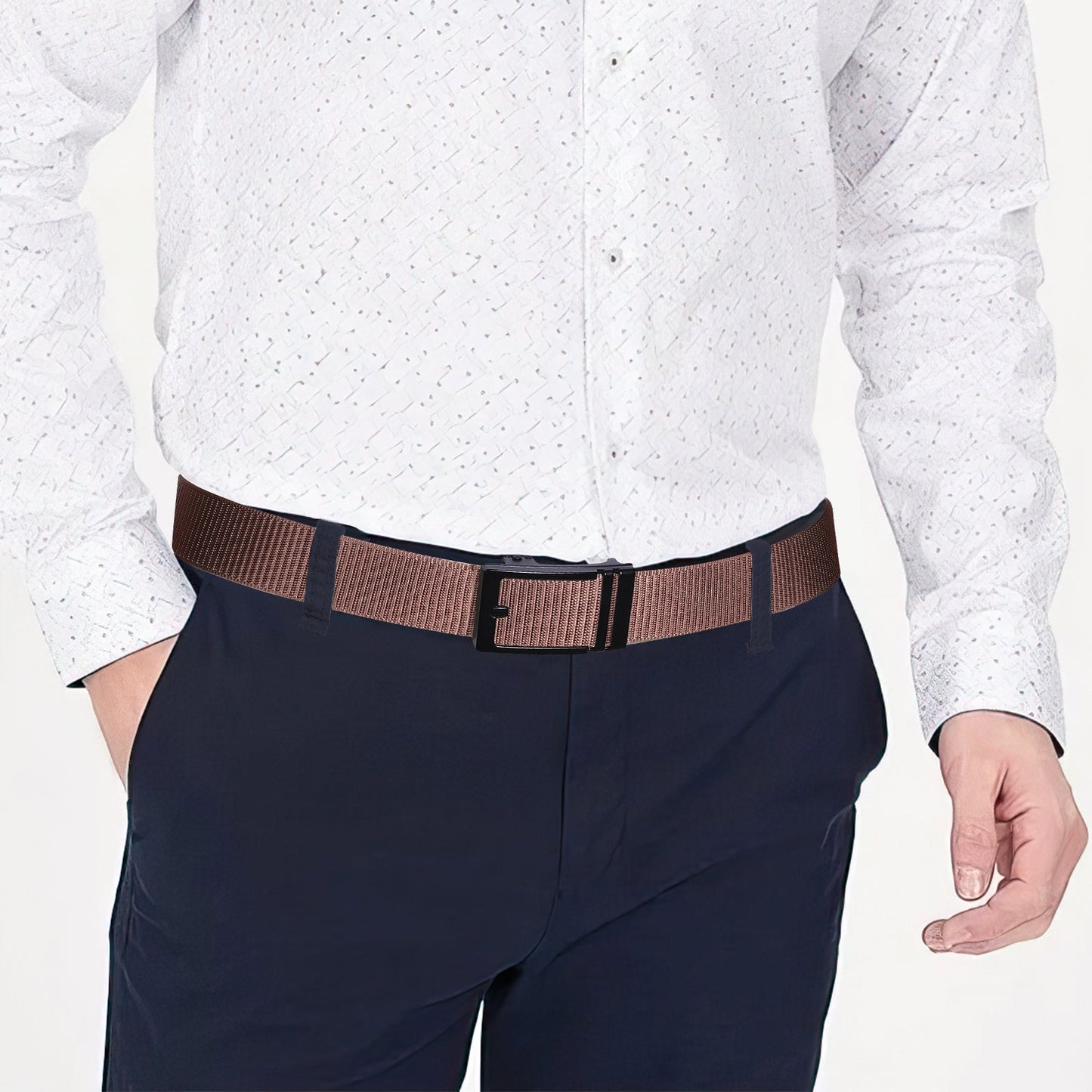 Brown nylon belt with black square buckle worn with dark pants
