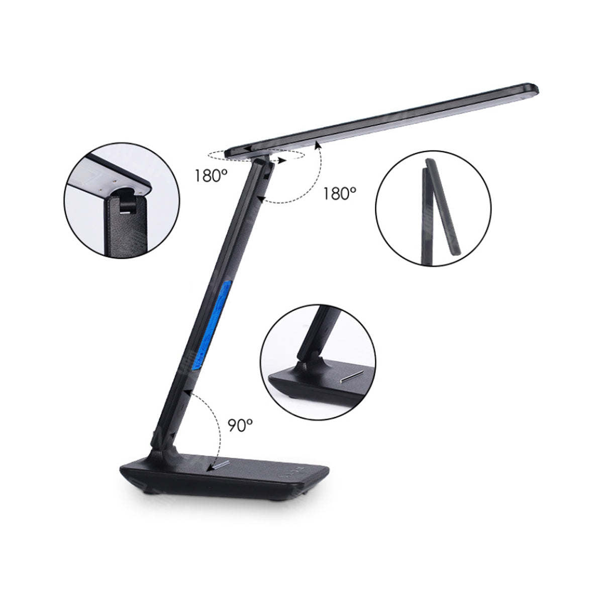 3-in-1 desk lamp with adjustable head angles and charging port on the base