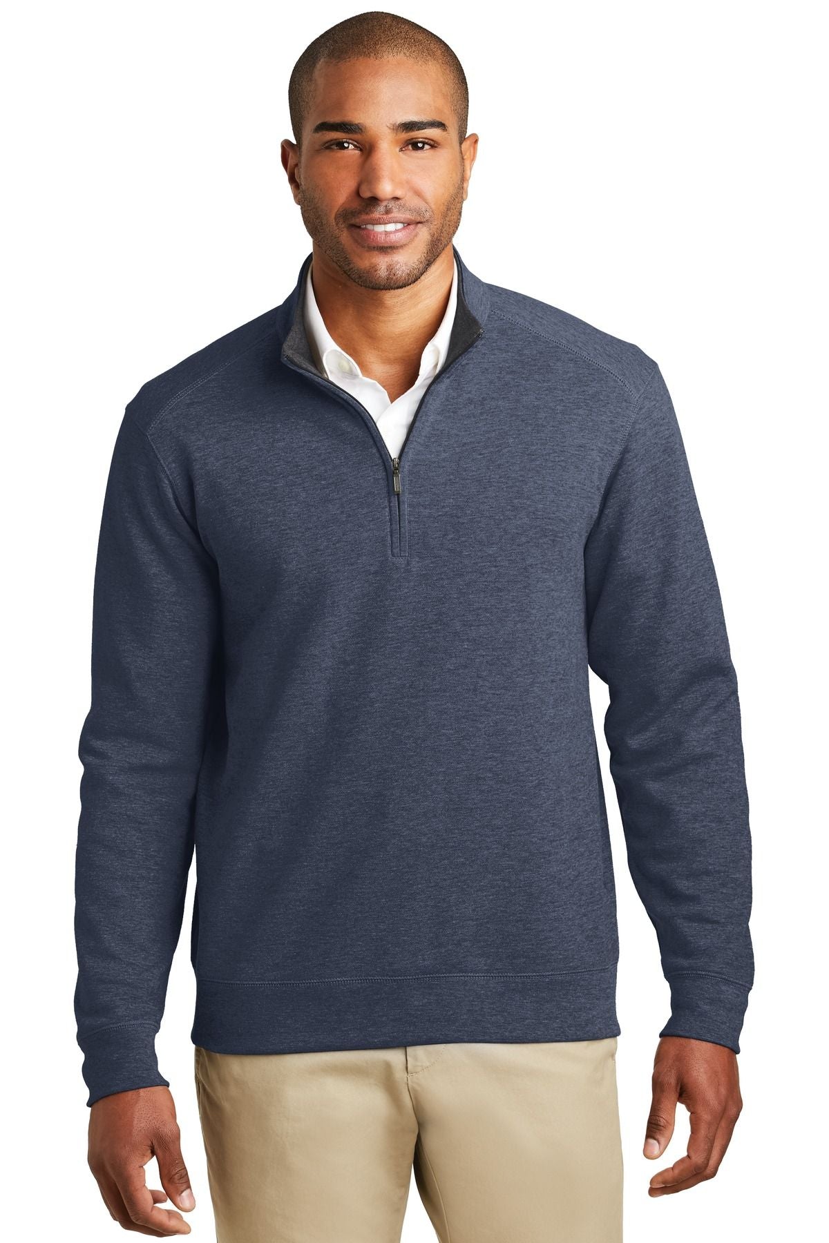 Men’s quarter-zip interlock pullover in estate blue heather with ribbed collar and cuffs
