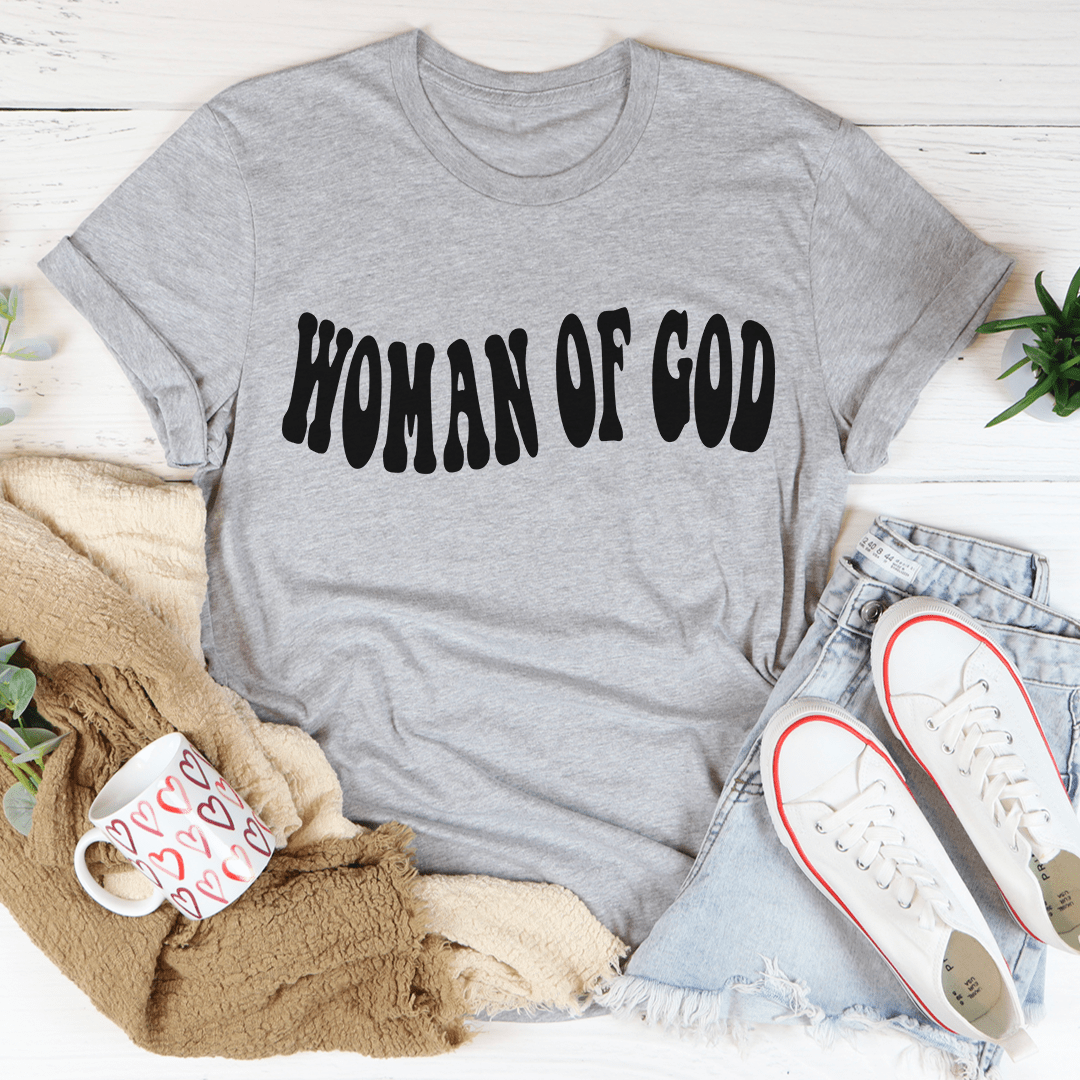 Heather gray short-sleeve crew T-shirt with black “Woman of God” front print