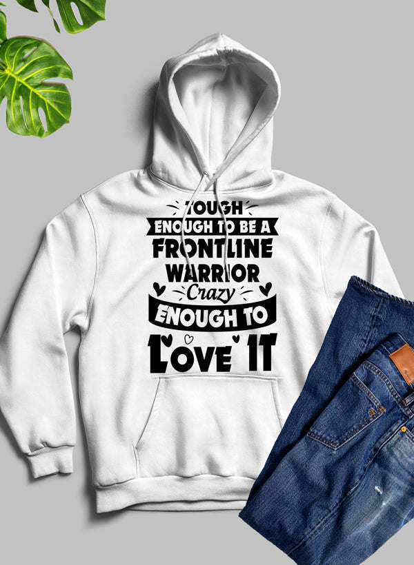 White pullover hoodie with Frontline Warrior graphic on chest