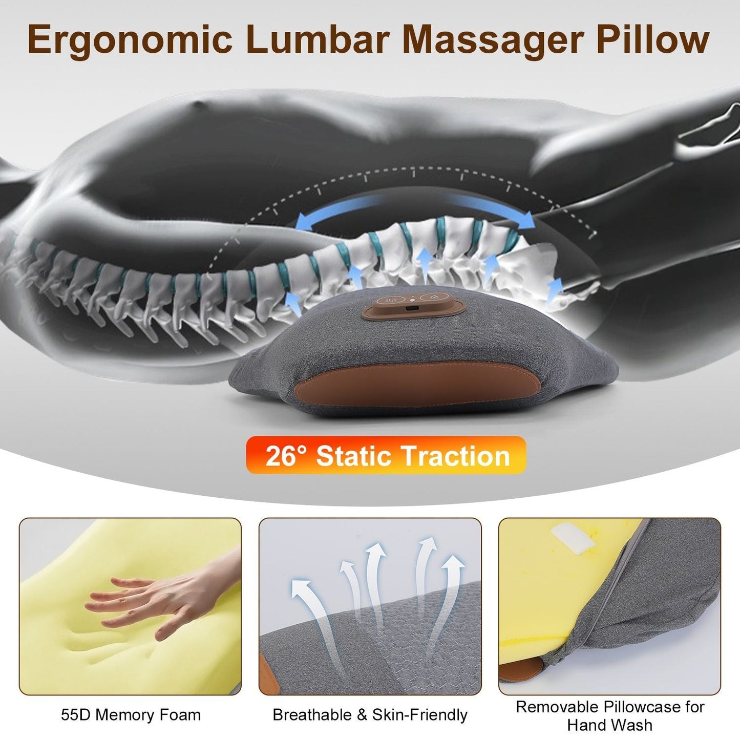 Dark grey ergonomic lumbar massager pillow with wavy vibration channels