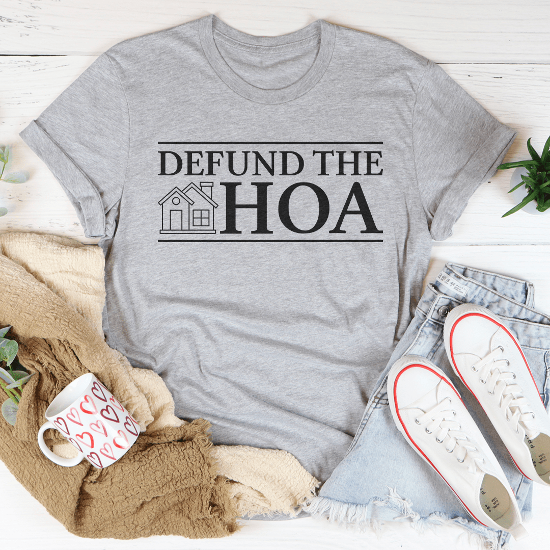 Heather gray graphic crewneck T-shirt with “Defund the HOA” text