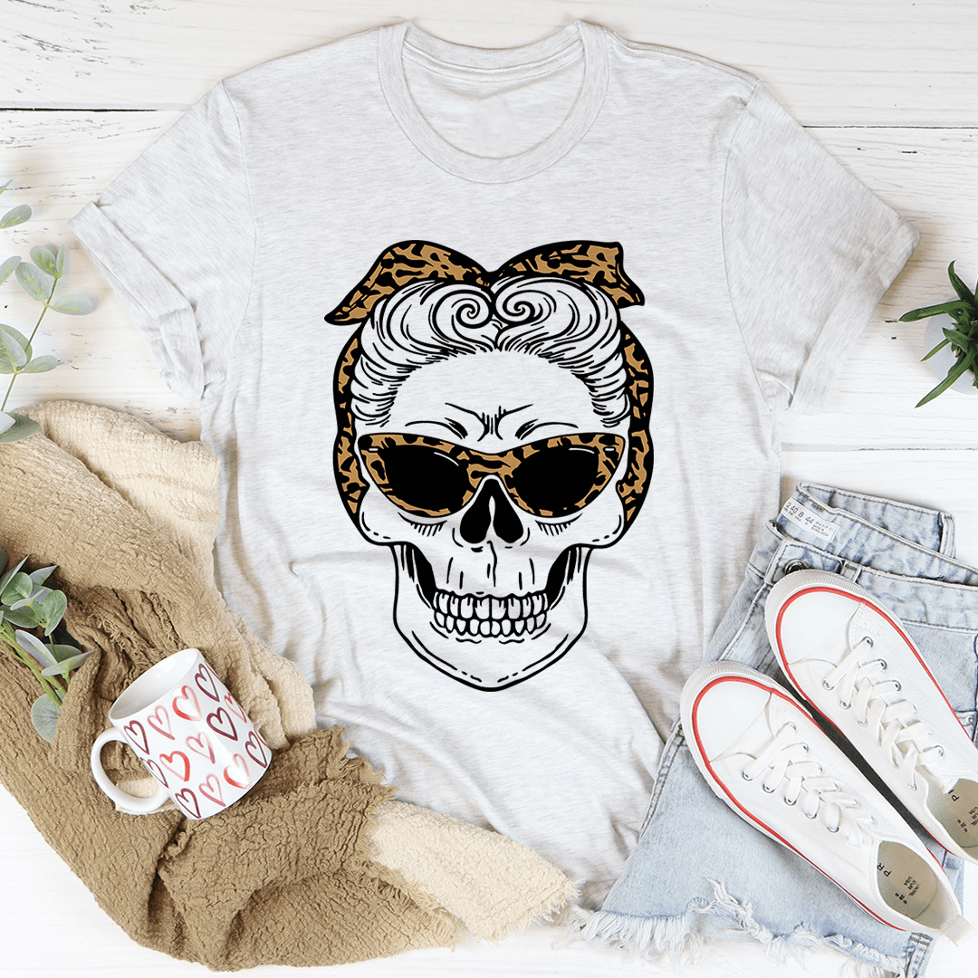 White crewneck T-shirt with skull wearing leopard bandana and sunglasses graphic