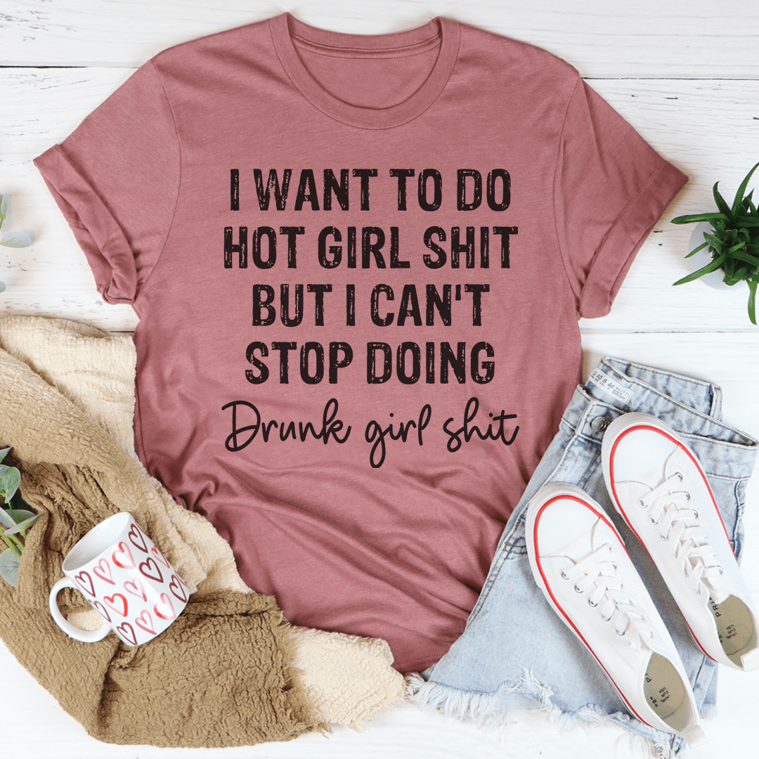 Rose crewneck T-shirt with dark Hot girl and Drunk girl slogan graphic