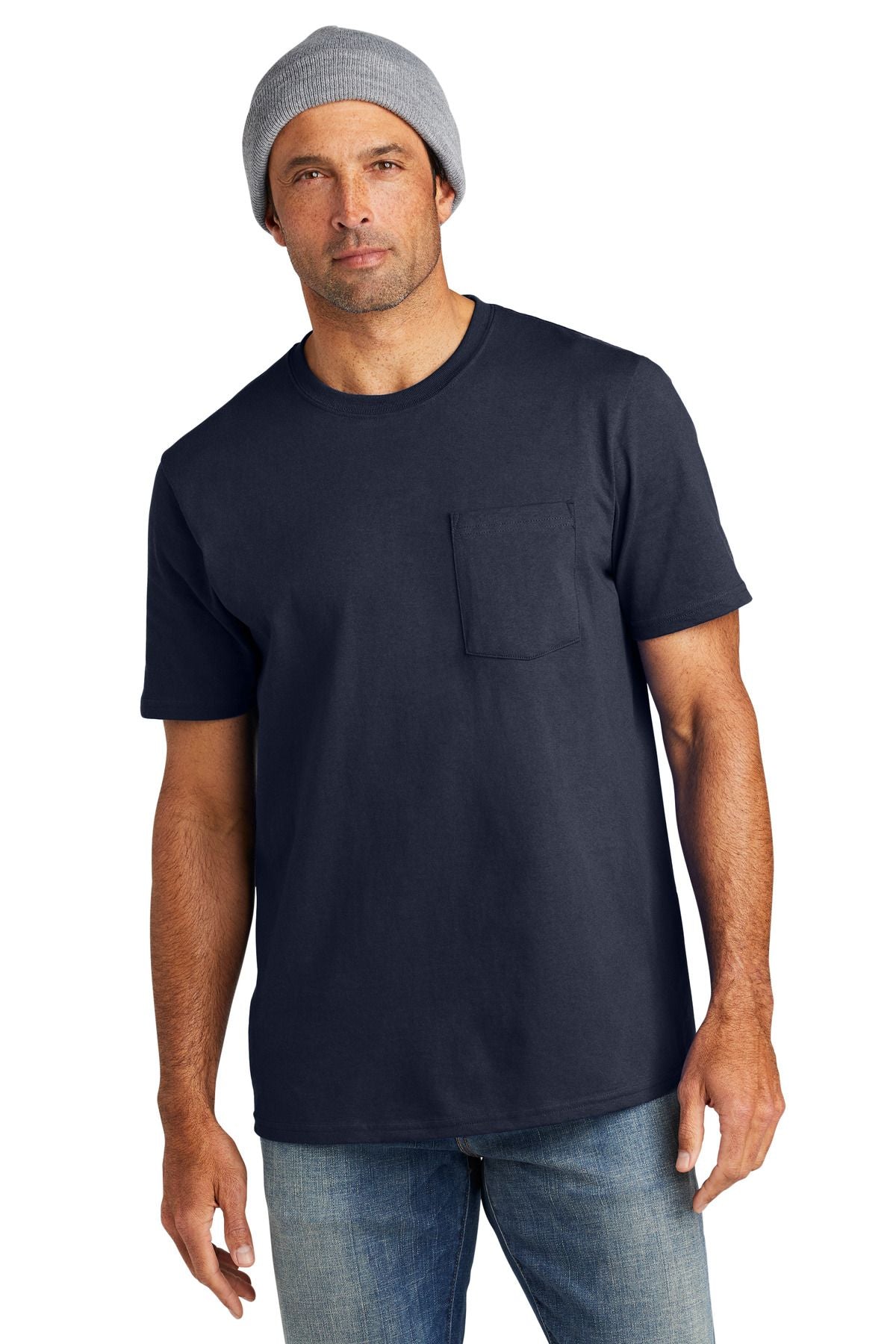 Navy pocket knit tee with short sleeves and chest pocket detail