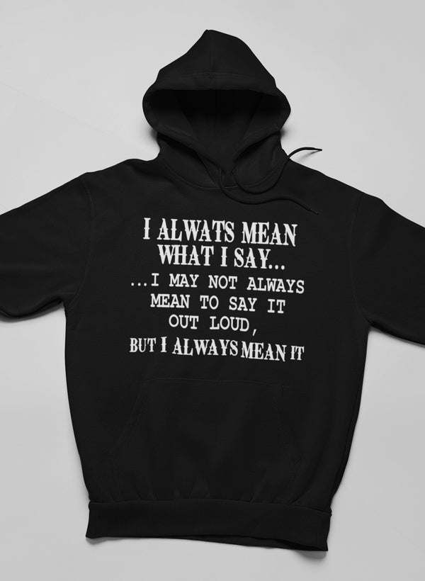 Black hoodie with front typography design, kangaroo pocket, and draped hood