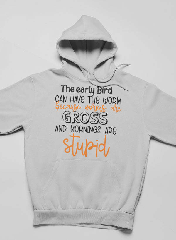 White pullover hoodie with large front graphic and kangaroo pocket