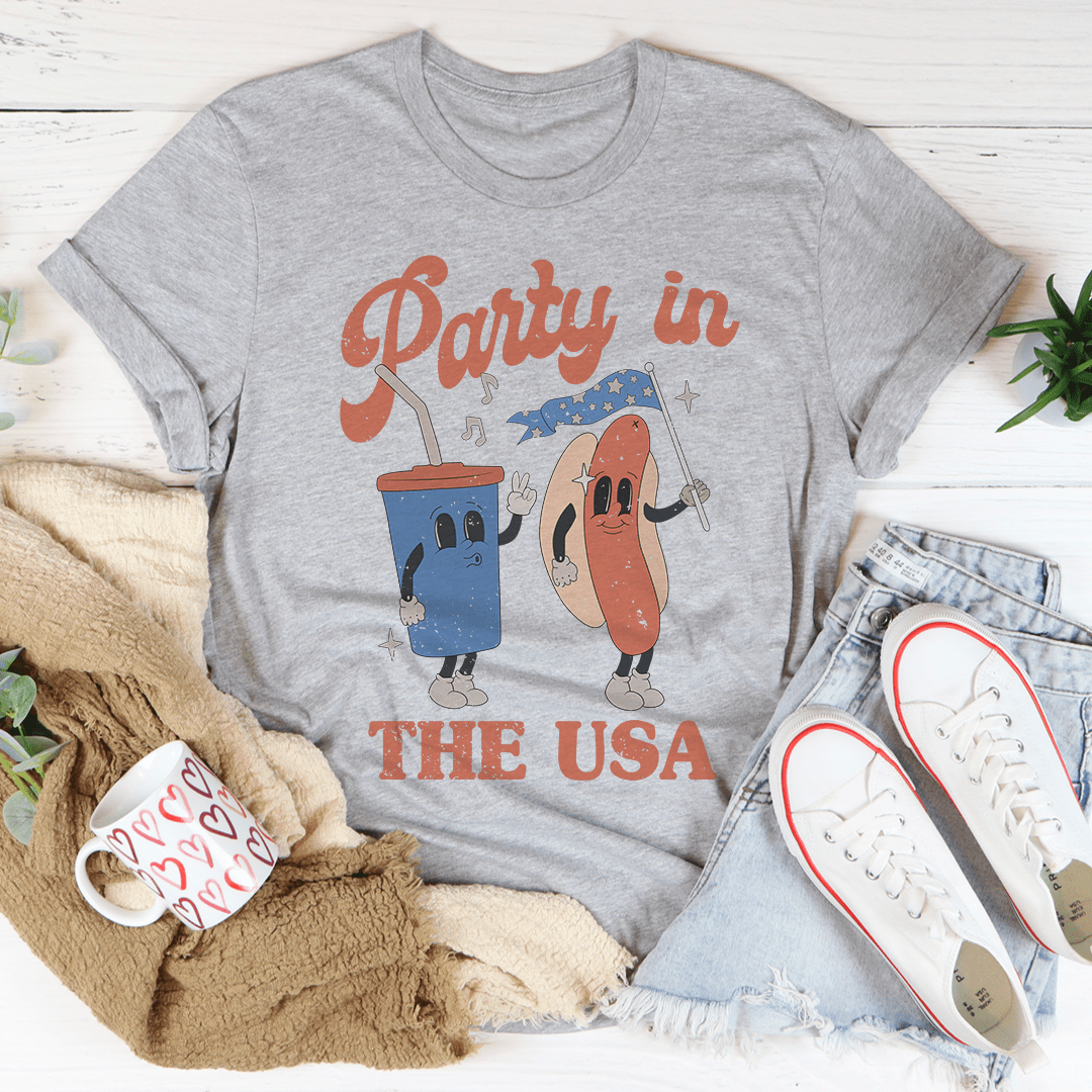 Heather gray T-shirt with orange 'Party in THE USA' hot dog graphic